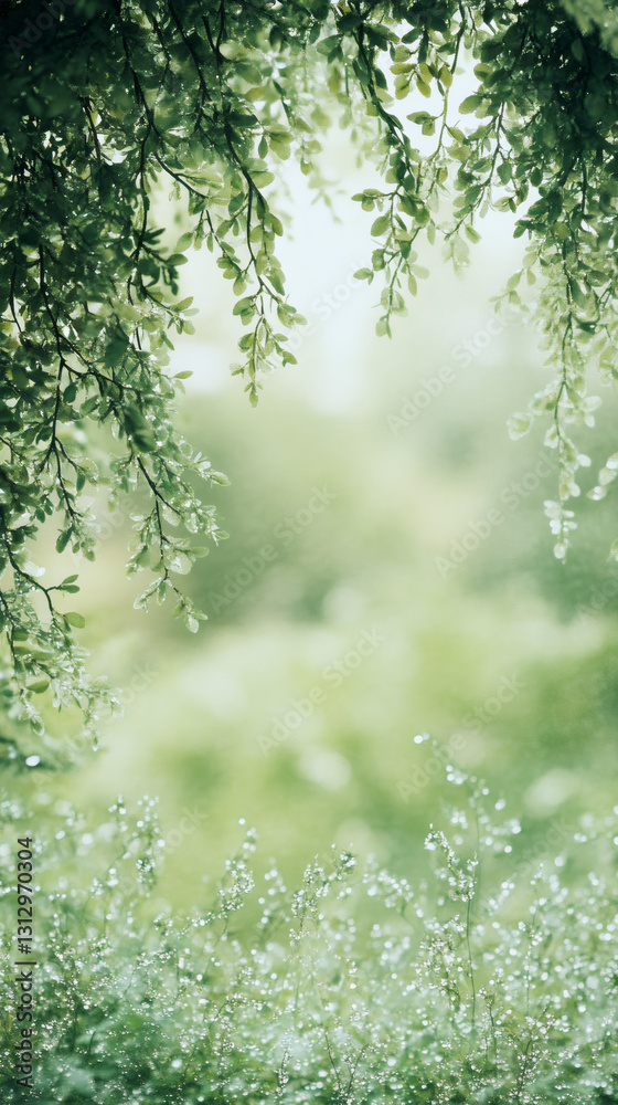 Poster green leaves on branches framing a blurred background of plants covered in rain drops in a fresh spr