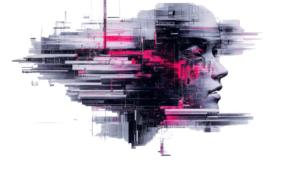 Artificial intelligence: glitch art depicting woman's face dissolving into data stream on transparent background