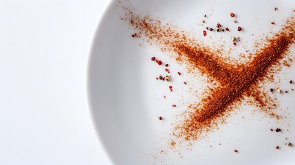 Spice Cross: A close-up shot of a pristine white plate adorned with an artistic cross design. Finely ground spices, including red paprika and black peppercorns.