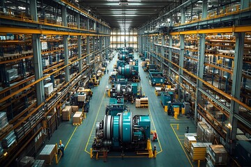 High Bay Warehouse Interior With Industrial Machinery And Organized Storage