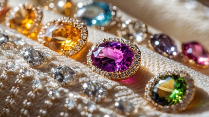 Close-up of polished gemstones arranged in a luxury jewelry shop display.