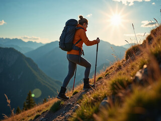 A woman is hiking up a mountain with a backpack and a pair of poles