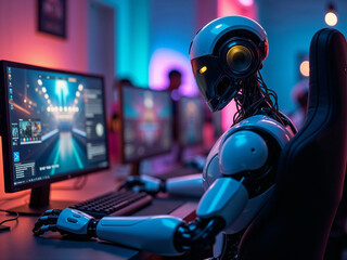 Naklejka premium A robot is sitting in front of a computer monitor with a keyboard and mouse