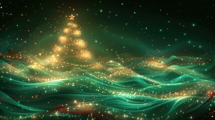 A glowing abstract representation of a Christmas tree amidst shimmering waves of light.