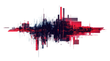 Abstract glitch art representing a futuristic cityscape with transparent background