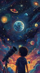 Obraz premium A child looking at the cosmos through a large telescope lens