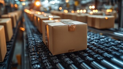 Packages moving along a conveyor belt in a busy warehouse, showcasing efficient logistics operations
