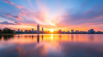 Fototapeta premium A beautiful cityscape is reflecting in the calm water at sunset