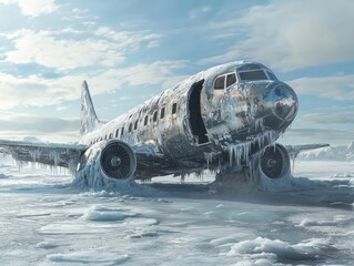 Frozen airplane wreck stranded on an icy landscape, a relic of a bygone era, now a haunting monument to the unforgiving winter environment.