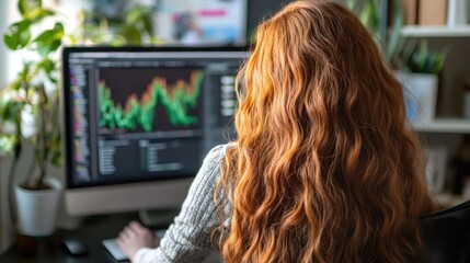 Redhead Woman Analyzing Stock Market Data on Computer