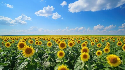 Fototapeta premium sunflower field stretching towards horizon with a blue sky