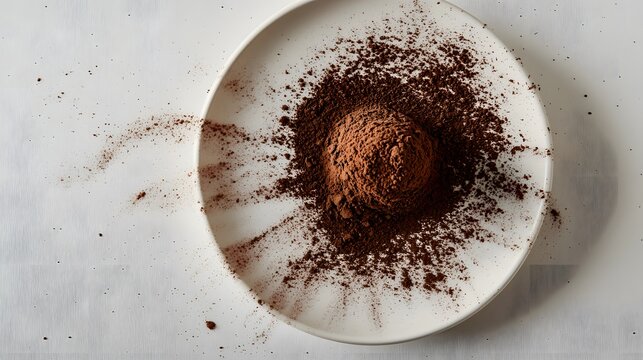 Chocolate Truffle Dessert: An exquisite chocolate truffle, dusted with cocoa powder, rests on a pristine white plate, a culinary delight.