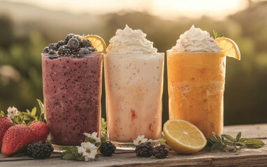 Three Fruit Smoothies with Whipped Cream on Rustic Wooden Table