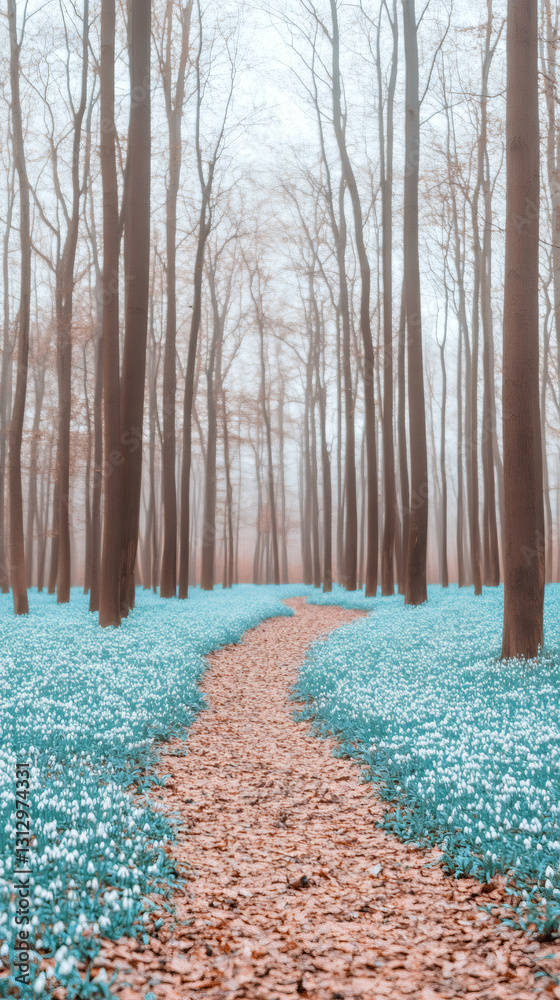Poster mesmerizing path covered in dry leaves winds through a forest carpeted with vibrant bluebells on a m