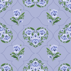Bezszwowy wzór w niebieskie bratki. Ręcznie rysowane kwiaty z zielonymi liśćmi  na jasnym tle. © Monika