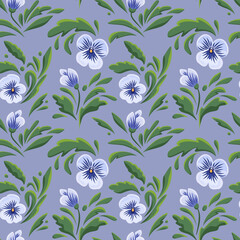 Bezszwowy wzór w niebieskie bratki. Ręcznie rysowane kwiaty z zielonymi liśćmi  na jasnym tle. © Monika