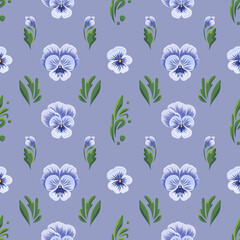 Bezszwowy wzór w niebieskie bratki. Ręcznie rysowane kwiaty z zielonymi liśćmi  na jasnym tle. © Monika