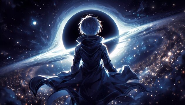 Anime boy looking at black hole, digital art, anime wallpaper