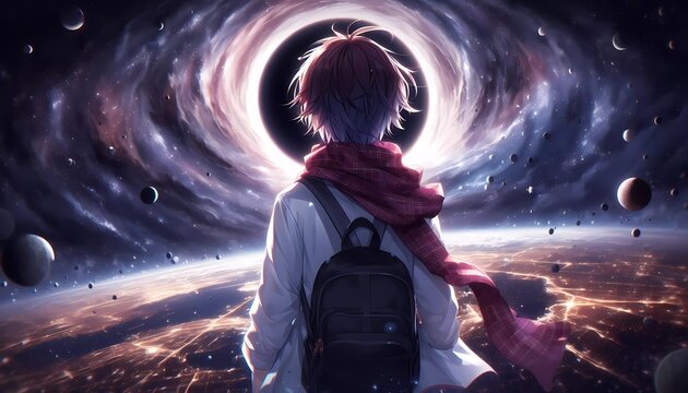 Anime boy looking at black hole, digital art