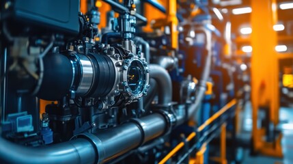 Obraz premium Industrial machinery featuring pipes and valves in a modern facility.