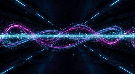 Glowing Cybernetic Energy Waves Flowing Through Futuristic Digital Grid