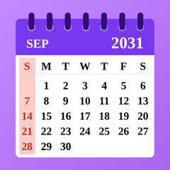 September 2031. Sep. welcomes autumn with crisp air and falling leaves. A time for learning, productivity, and cozy seasonal changes.

