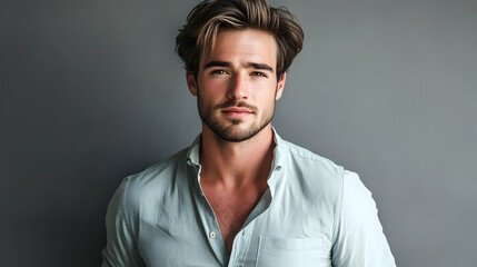 Obraz premium A handsome man with tousled hair, wearing a white shirt, staring confidently into the camera.