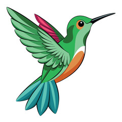 Obraz premium Hummingbird flying near flowers on a branch in a colorful tropical jungle scene