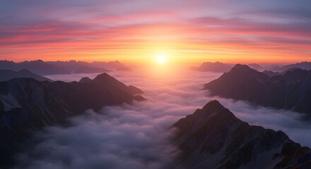 Majestic Sunrise over Misty Mountain Peaks Scenic Landscape