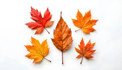 Fototapeta premium Set of colorful autumn leaves in different shapes and shades of orange, red, and yellow. Creates a warm and cozy seasonal vibe.