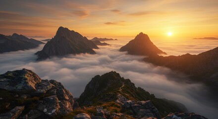 Majestic Sunrise Over Mountain Peaks and Cloudscape