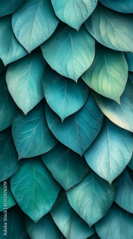 Fototapete teal botanical layers creating organic texture, intricate leaf patterns interweaving with delicate t