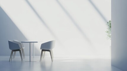 Minimalistic office lobby with modern furniture, soft lighting, calm atmosphere, white walls, professional studio light.