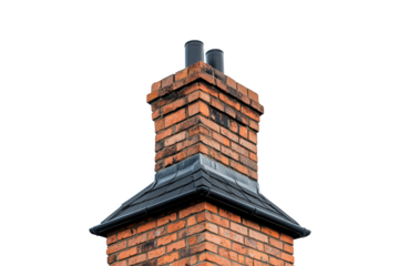 A brick chimney with a black roof isolated on transparent background