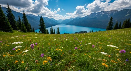 Vibrant Wildflower Meadow Mountain Lake Summer Landscape