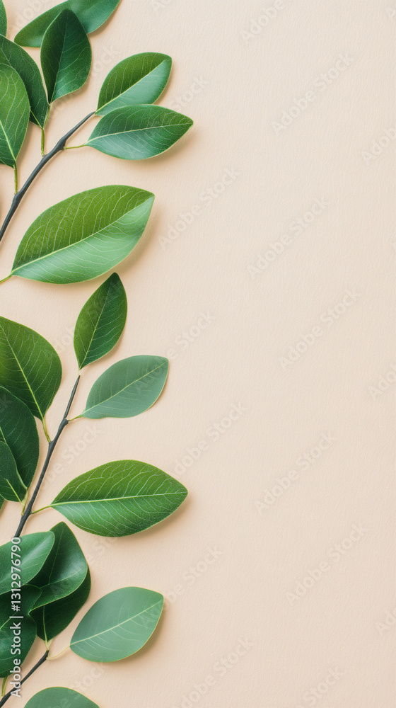 Poster minimalist composition featuring green leaves arranged on a beige background, providing copy space f