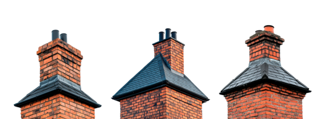 Set of brick chimney with a black roof isolated on transparent background