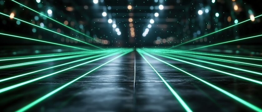 A tunnel filled with green lasers creating a stunning visual experience for nightlife enthusiasts and adventure seekers