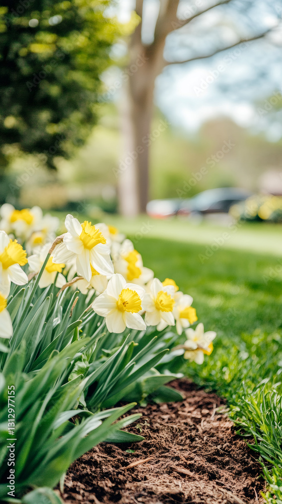 Poster white and yellow daffodils blooming in a flowerbed with a blurred tree and lawn in the background du