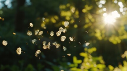 Dandelion seeds floating in the air near a bright shining sun