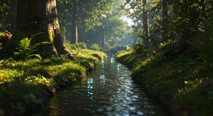 Enchanting Forest Stream Sunlit Nature Scene with Glowing Orb Reflections
