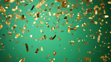 Falling golden confetti on a vibrant green background
