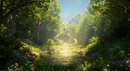 Magical Forest Stream Sunlight Nature Fantasy Spring