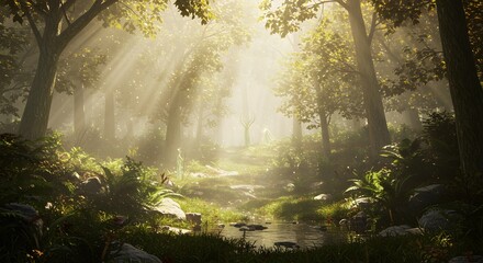 Magical Sunlit Forest Path Stream Trees Nature