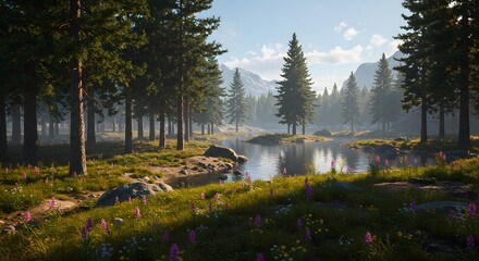 Serene Mountain Lake Pine Forest Wildflowers Spring Landscape