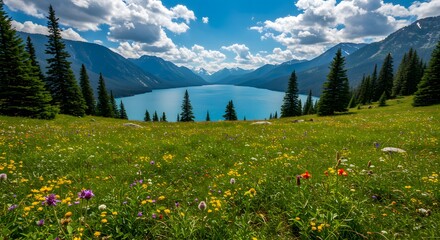 Mountain Lake Wildflower Meadow Summer Landscape