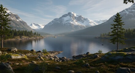 Serene Mountain Lake Landscape Majestic Peaks Tranquil Waters Evergreen Forest