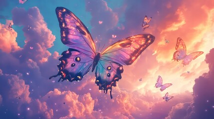 Butterflies flying sunset cloudscape fantasy art, digital illustration