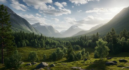 Serene Mountain Valley Landscape Majestic Peaks Lush Forest Sunny Sky