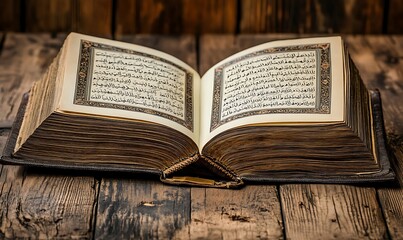 Obraz premium Open Ancient Religious Book on Wooden Table